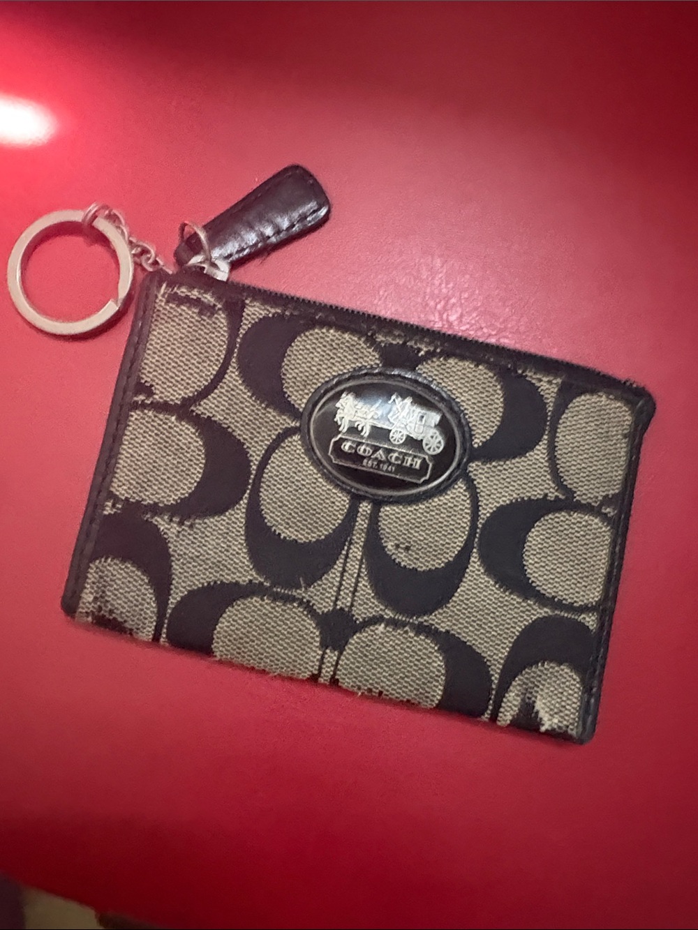 Coach Signature Canvas Card Case with Keyring in Khaki and Black